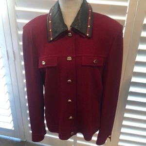 St. John Collection burgundy knit jacket w leather